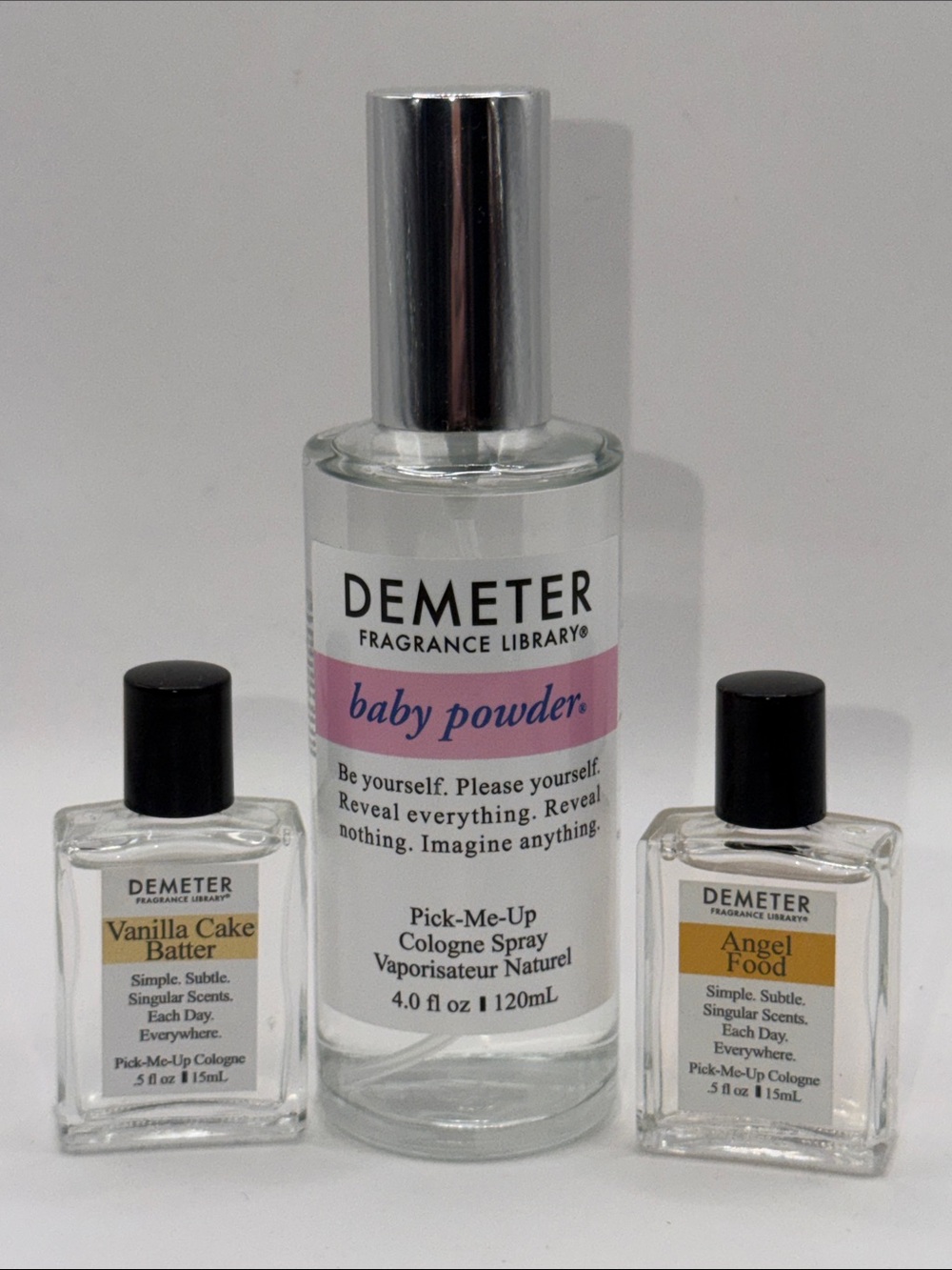 Demeter Pick-Me-Up Bundle Baby Powder Cologne Spray LG 4 Oz+2 Mini Gourmands NEW